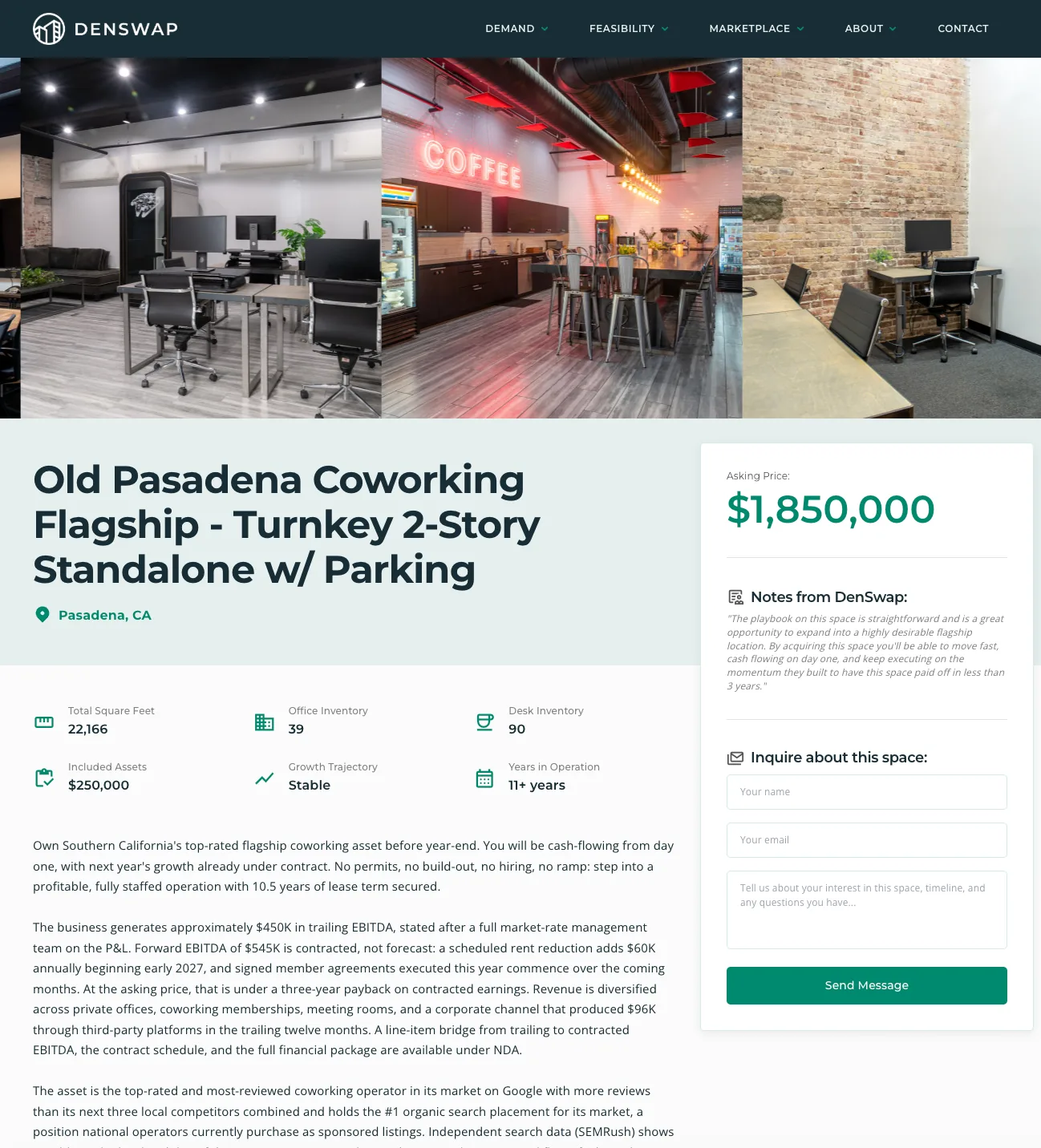 DenSwap Pasadena coworking listing with property photos, specifications, and inquiry form.